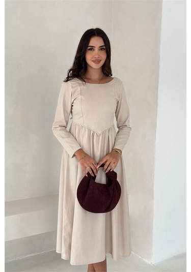 Neşeli Butik Kadın Sırt Dekolteli Uzun Kollu Midi Elbise Nbk4311 Bej