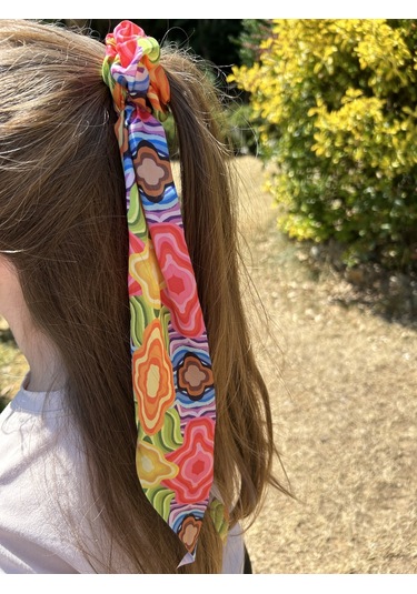 Saten Kadın Fular Model Pembe Renkli Desenli Lastikli Saç Tokası Pembe - Açık Mavi - Neon Sarı