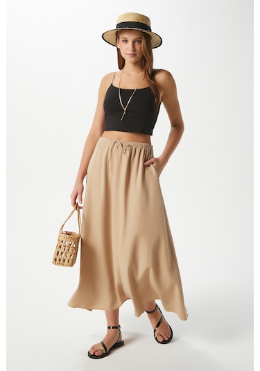 Kadın Trend Modal Serin Kumaş Bej Bel Lastikli Cepli Rahat Kalıp Uzun Etek