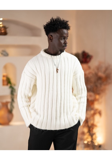 Oversize Kendinden Çizgili Pamuklu Kalın Triko Spor Kazak Beyaz