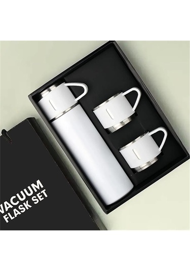 Kişiselleştirilebilir 3 Bardaklı Çelik Termos 05 Lt Beyaz Beyaz