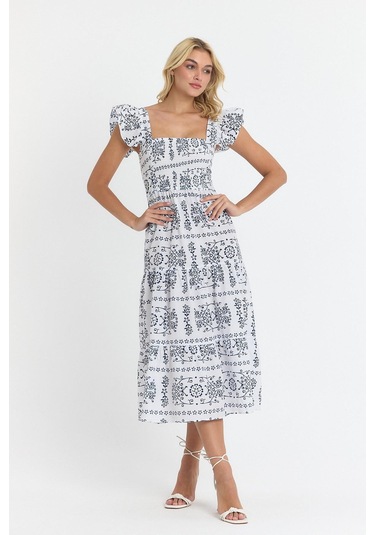 Apsen Kadın Beli Gipeli Kolu Fırfır Detaylı Midi Dokuma Elbise 4510-105 Beyaz