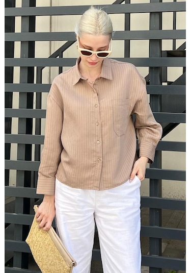 Madmext Camel Çizgili Oversize Kadın Gömlek Mg2093-camel Camel