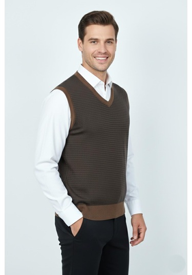 Erkek V Yaka Süveter Çelik Örgü Regular Kalıp Bgl-st04840 Taba