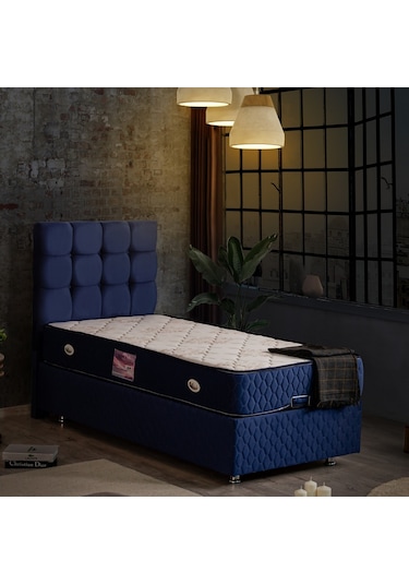 Setaymobilya Baza, Duke Lacivert Tek Kişilik Baza + Başlık+ Ortopedik Yatak