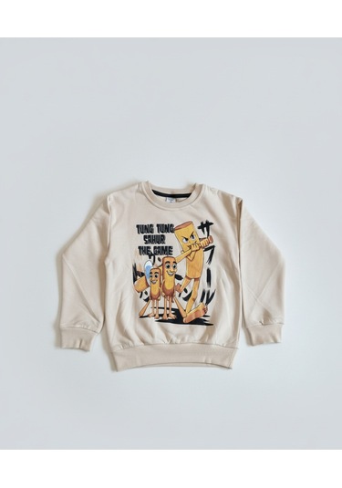 Tung Tung Sahur Baskılı 3 İplik Şardonlu Eşofman Takımı Krem