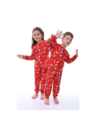 Zuzunga Yılbaşı Temalı Baston Şeker Desenli %100 Pamuk Unisex Pijama Takımı Kırmızı
