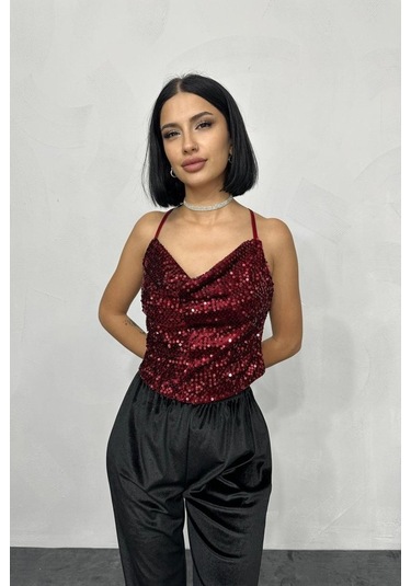 Bordo Askılı Degaje Bluz Antrasit Melanj