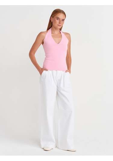 Dilvin 10794 Halter V Yaka Basıc Bluz-pembe Pembe