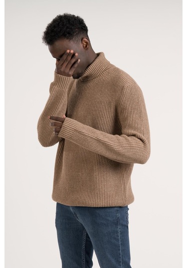 Regular Kesim Kalın Örgülü Yünlü Tam Balıkçı Triko Kazak Kahverengi