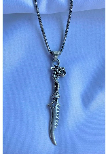 Ejderha Başlı El İşçiliği Paslanmaz Çelik Zincir Erkek Kolye Gümüş