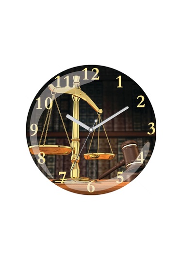 Avukat Hukuk Terazi Sessiz Akar Bombeli Gerçek Cam Duvar Saati Çok Renkli