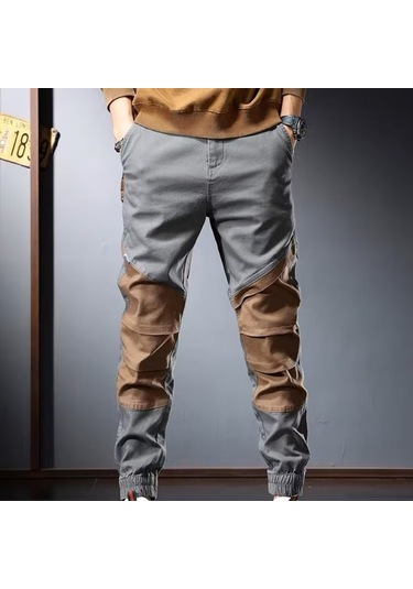 Sones Erkek Vintage Fonksiyonel Pantolon Bağcıklı Bacak Renk Bloklu Günlük Pantolon Gri