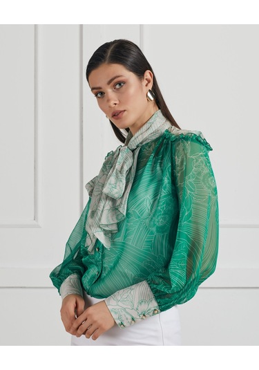 Fular Yaka Detaylı Transparan Desenli Gömlek Feminen Ve Şık Tasarım Yeşil