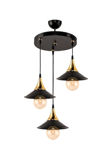 Dd Üçlü Embudo Tepsili Avize Gold Huni Japon Şapkalı Siyah3