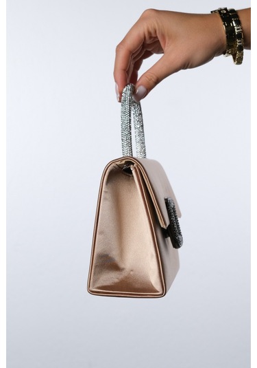 Valeria Koyu Bej Saten Taşlı Kadın El Çantası Koyu Bej