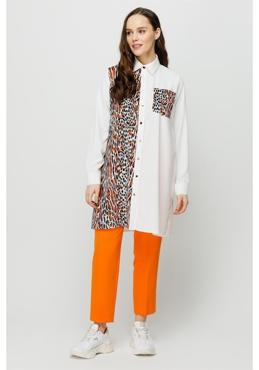 Esswaap Leopar Baskı Detaylı Şık Tunik Oranj-oranj Oranj