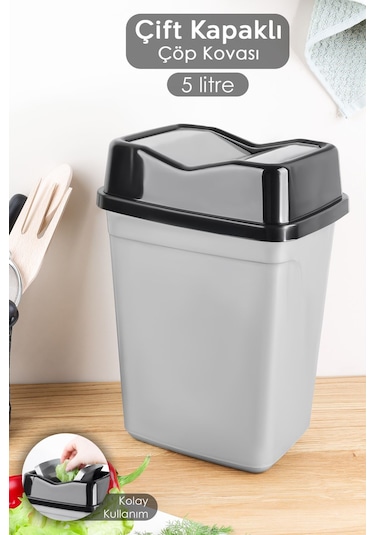 Çift Kapaklı Kelebek Çöp Kovası - Tezgah Üstü Çöp Kovası Banyo Mutfak Çöp Kovası 5 Litre Gri