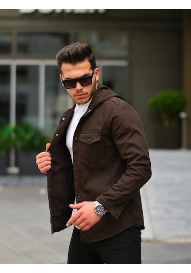 Koyu Kahve Renk Kapüşonlu Kot Ceket Koyu Kahverengi