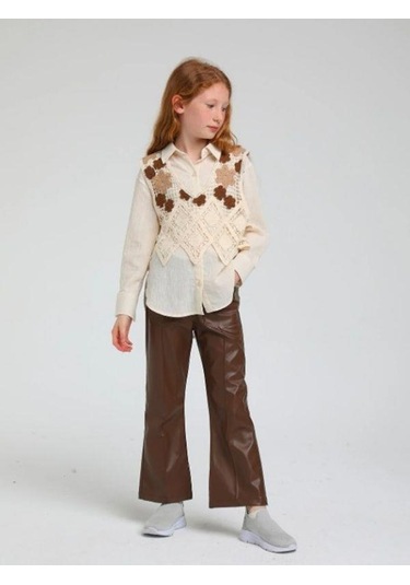Kız Çocuk 2 Li Motifli Süveterli Tasarım Gömlek-13622 Bej