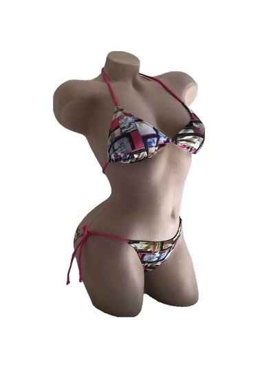 Dagi Desenli Pembe Boyundan Bağlı Üçgen Bikini Takımı