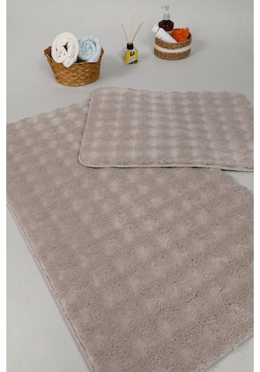 Modern Bubble Yıkanabilir Kaymaz Peluş Banyo Paspası Halısı 2'li Klozet Takımı 50x80-50x40cm Bej