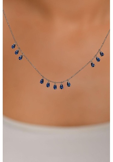 Safir Taşlı Rodyum Üç Sıra Shakira Damla Gümüş Kolye Rn10211