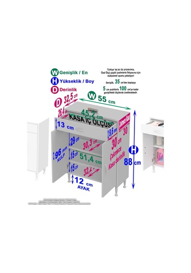 55 X 88 X 32,5 Cm Lik 1 Çekmece 1 Kapak 2 Raf 3 Gözlü Organizatör Mutfak Dolabı Çok Amaçlı Dolap Beyaz