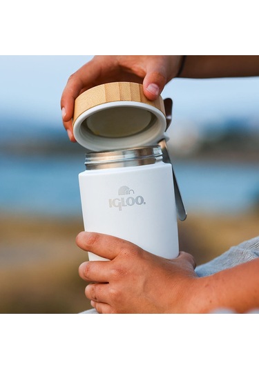 Bambu Kapak Yemek Termosu 500ml Çelik Termos Beyaz 12 Saat Sıcak Tutar Beyaz