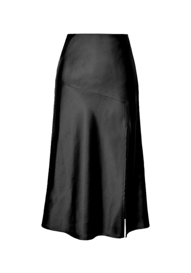 Yüksek Bel Saten Düz Renk Ayrık Uzun Büstiyer Etek Siyah