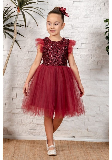 Tüllü Kız Çocuk Kpl Elbise Mnk0526 Bordo