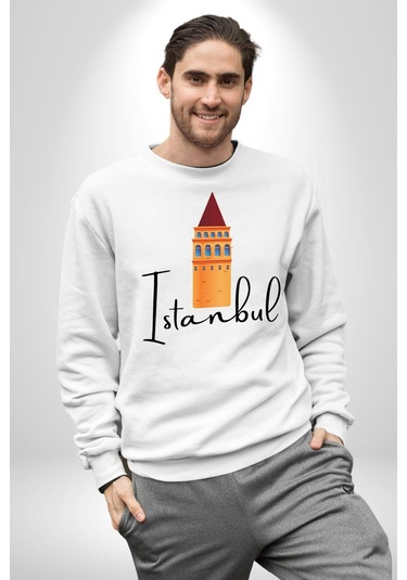 İstanbul Galata Kulesi Unisex Beyaz Sweatshirt Beyaz