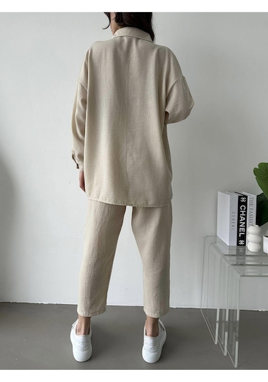 Kadın Oversize Keten Gömlek Pantolon Alt Üst Takım Bej