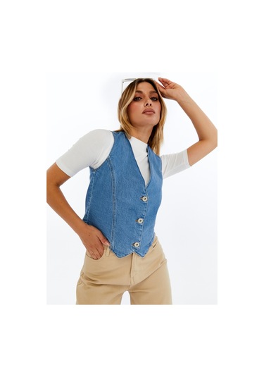 Kadın Denim Yelek Şık Düğmeli Jean Yelek, Günlük Ve Casual Kombin Açık Mavi