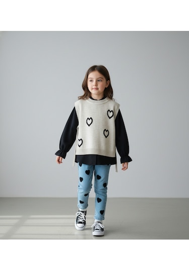 Kalp Desenli Yelekli Üçlü Takım Kız Çocuk Siyah