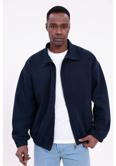 Freemen Erkek Basic Gabardin Kumaş Fermuarlı Oversize Mevsimlik Polo Yaka Ceket Lacivert