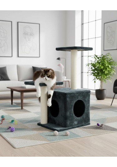 Reyo Pet Çift Basamaklı Yuvalı Kedi Tırmalaması Antrasit