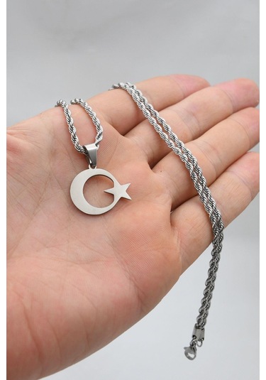 Ay Yıldızlı - Ay Yıldız Kolye Paslanmaz Çelik Zincir 902300 Gümüş