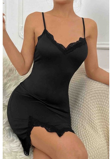 Merry See İki Taraf Yırtmaçlı Askılı Şık Gecelik Siyah