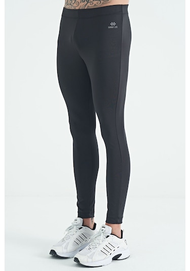 Tommy Life Siyah Arka Bilek Baskı Detaylı Yüksek Bel Slim Fit Aktif Spor Erkek Tayt - 84988 SiYAH Siyah