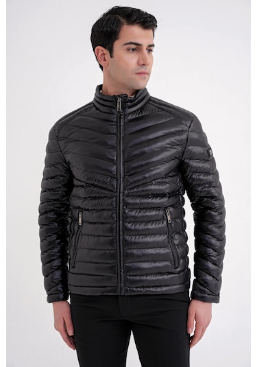 Slim Fit Hakim Yaka Yan Cepli Kaz Tüyü Siyah Şişme Mont Mt 176 Siyah