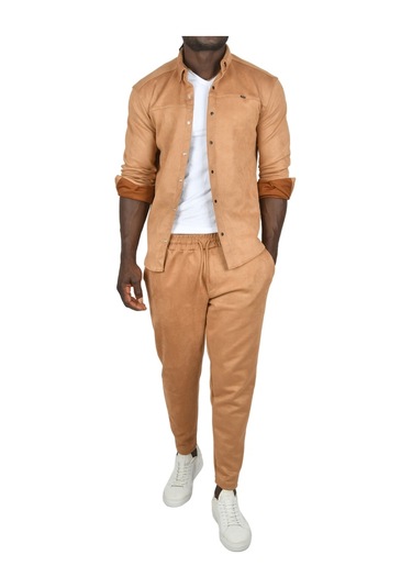 Deepsea Erkek Camel Beli Lastikli Bağcıklı Kırışmayan Süet Kumaş Rahat Kesim Dar Paça Spor Pantolon 2505556 False Camel