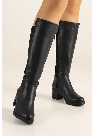 Beyaz Göktem Termo Katmaz Taban Kalın Topuklu Günlük Streç Kadın Çizme Siyah Siyah