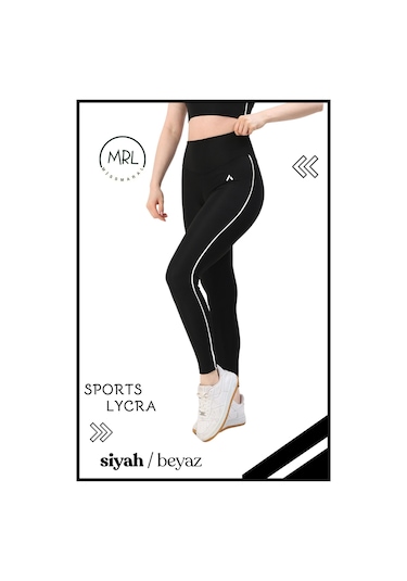 Kadın Yüksek Bel Toparlayıcı Spor Tayt Siyah / Beyaz Şerit Detaylı Lycralı Dalgıç 1041 Siyah Beyaz