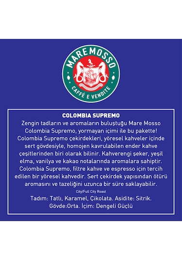 Mare Mosso Colombia Supremo Single Origin Yöresel Filtre Kahve 1 KG