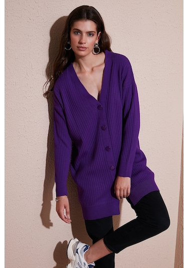Lela V Yaka Düğmeli Uzun Triko Bayan Hırka 4616040Y Mor