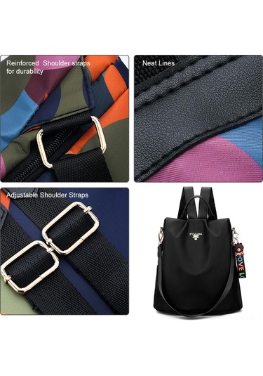 Geeksen Kadın Nylon Anti-calım Çift Omuz Çanta, Çoklu Cepli, Su Geçirmez, Okul/seyahat/alışveriş İçin, Siyah + Hediye Askı Çok Renkli