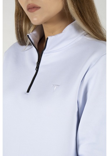Kadın Beyaz Yarım Fermuarlı Basic Düz Renk Trend Sweatshirt Beyaz