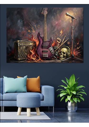 Kurukafa Ve Elektro Gitar Rock Dekoratif Kanvas - Mdf Ahşap Tablo