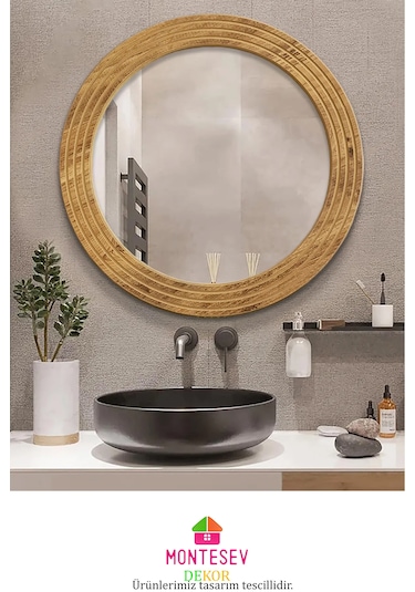 Antik 2 Li Dekoratif Ayna Seti Yuvarlak Banyo Duvar Aynası 69 -56 Açık Kahverengi